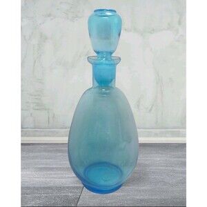 Vtg 1960's EMPOLI Turquoise Blue Hand Blown 9" Glass Decanter Genie Bottle MCM